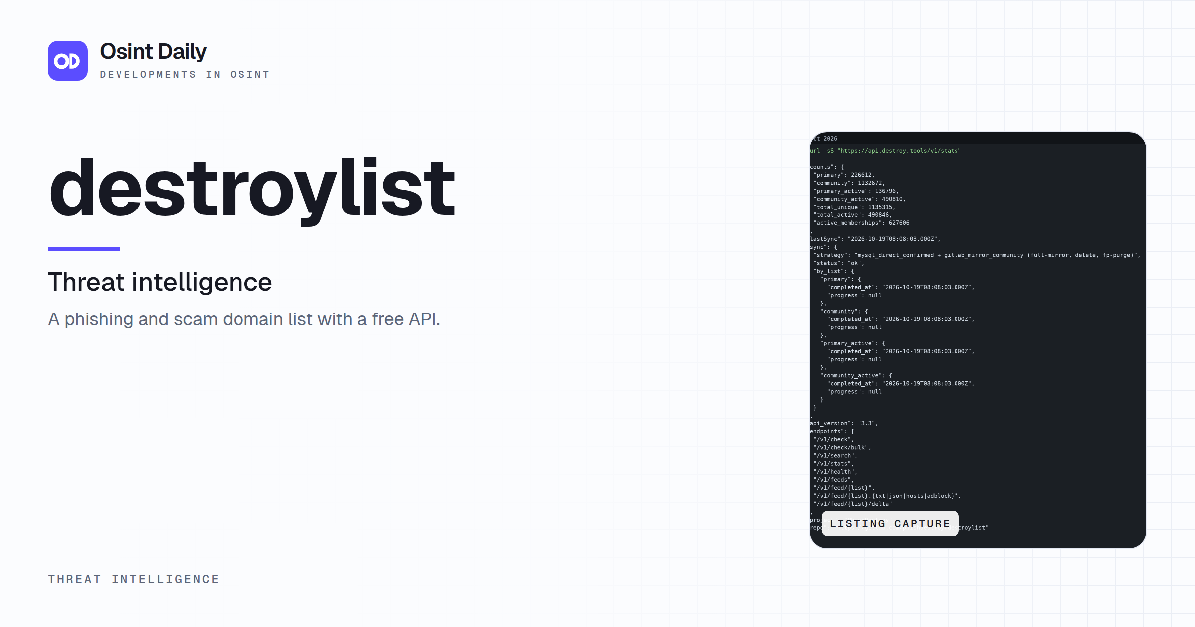 Osint Daily cover for destroylist, under Threat intelligence, published 16 Oct 2026. The right side crops the listing capture. A phishing and scam domain list with a free API.
