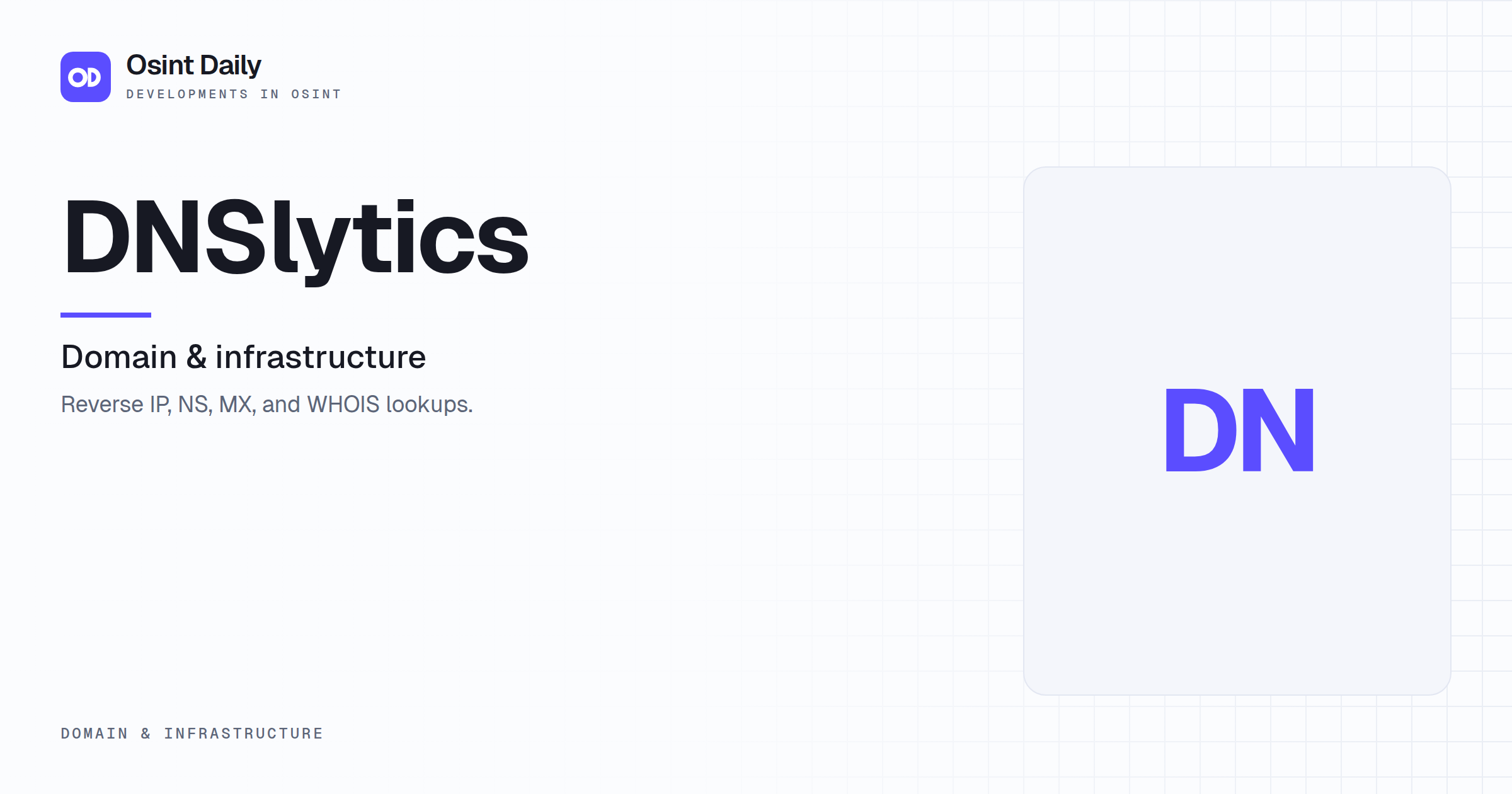 Osint Daily cover for DNSlytics, under Domain & infrastructure, published 16 Oct 2026. The right side is a monogram because no capture is filed. Reverse IP, NS, MX, and WHOIS lookups.