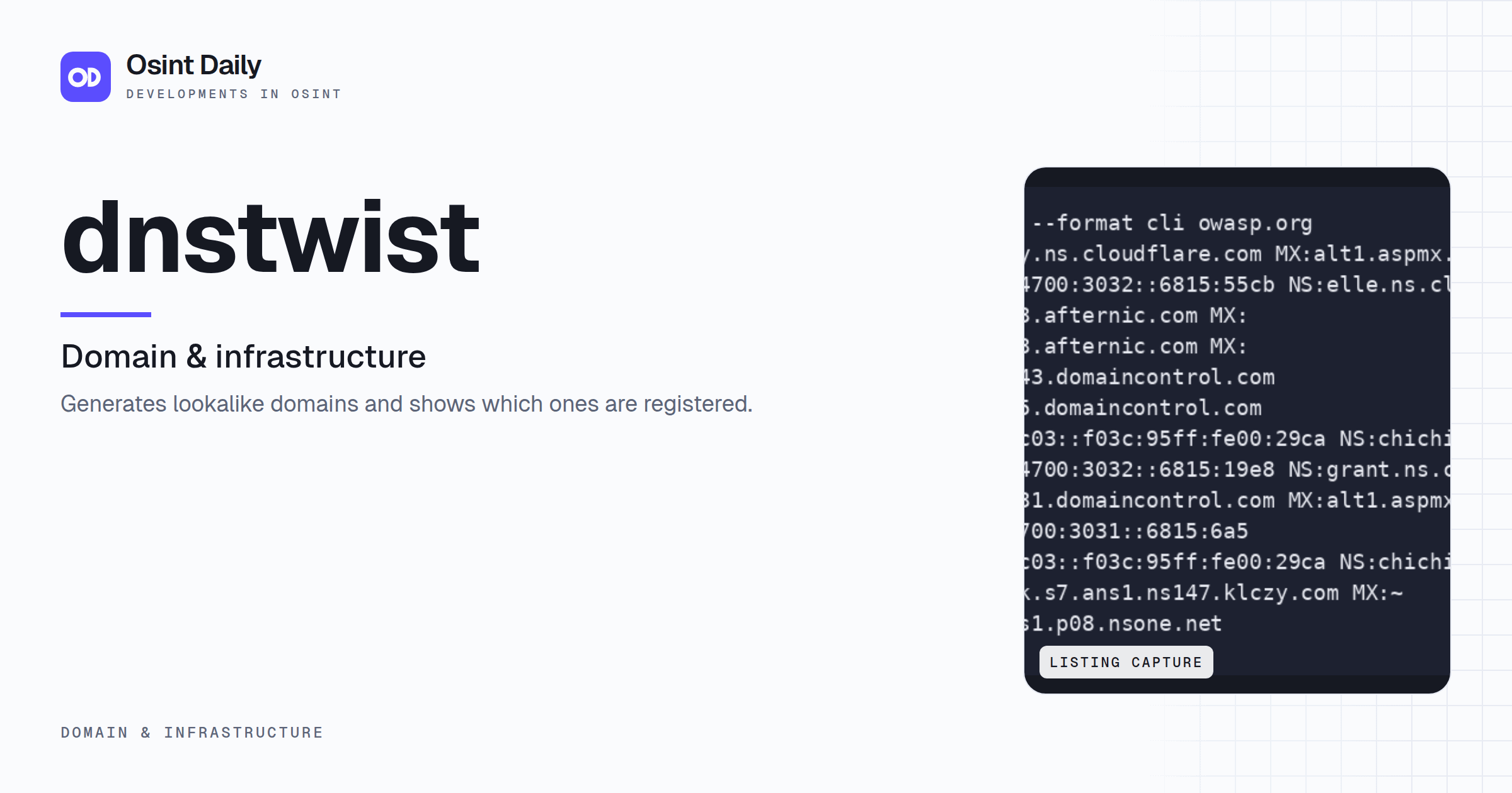 Osint Daily cover for dnstwist, under Domain & infrastructure, published 16 Oct 2026. The right side crops the listing capture. Generates lookalike domains and shows which ones are registered.