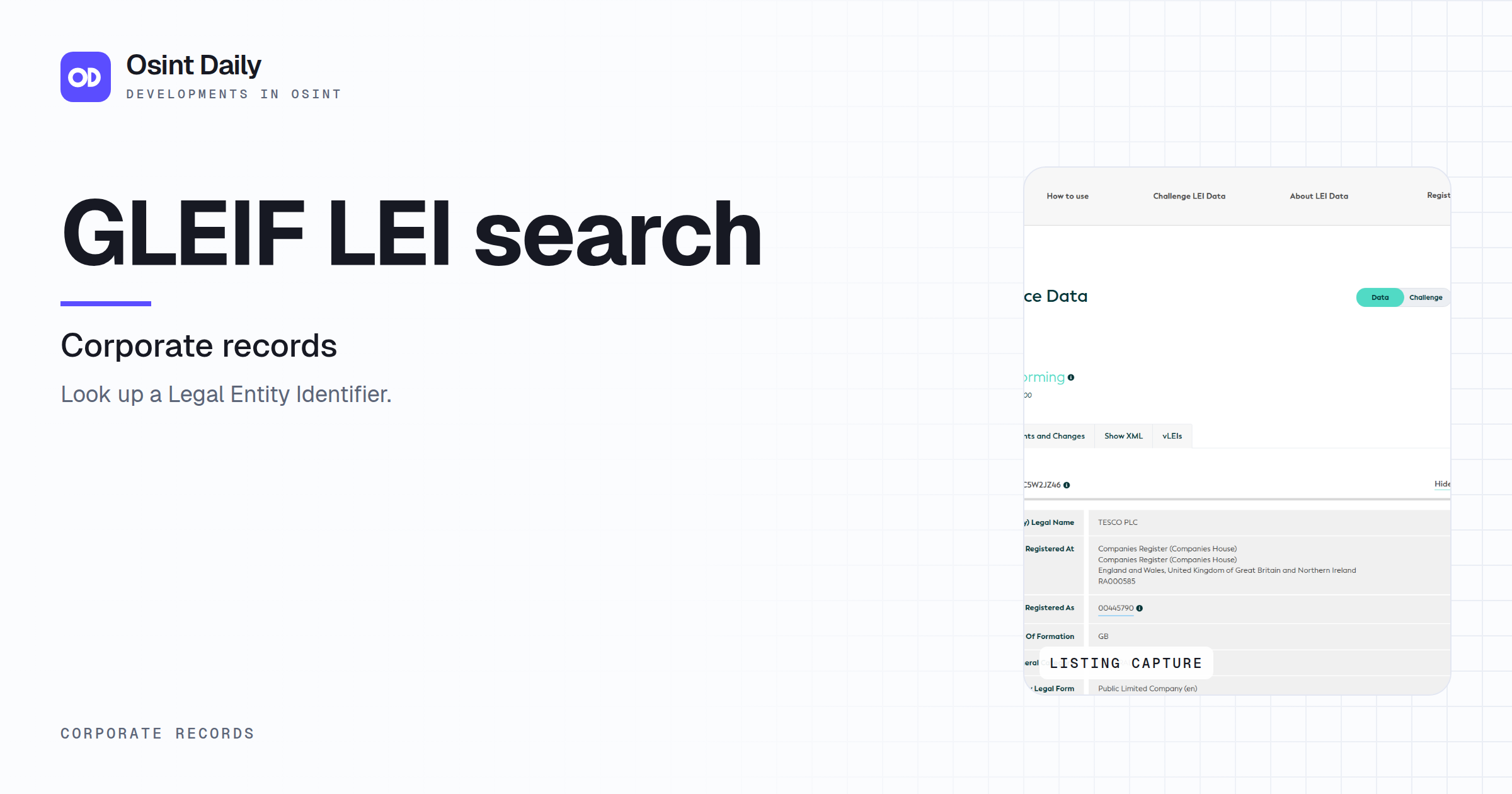 Osint Daily cover for GLEIF LEI search, under Corporate records, published 16 Oct 2026. The right side crops the listing capture. Look up a Legal Entity Identifier.