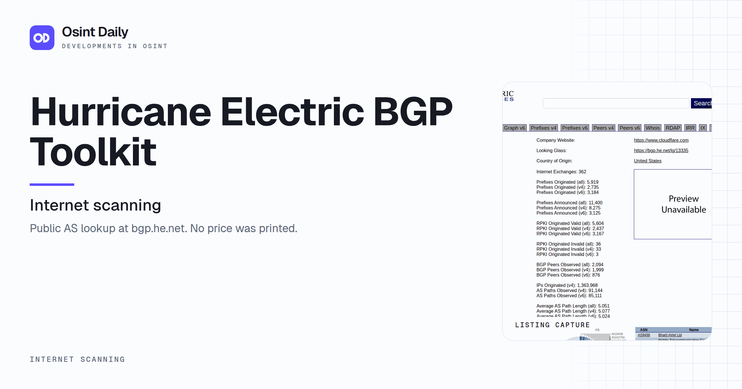 Osint Daily cover for Hurricane Electric BGP Toolkit, under Internet scanning, published 23 Oct 2026. The right side crops the listing capture. Public AS lookup at bgp.he.net. No price was printed.