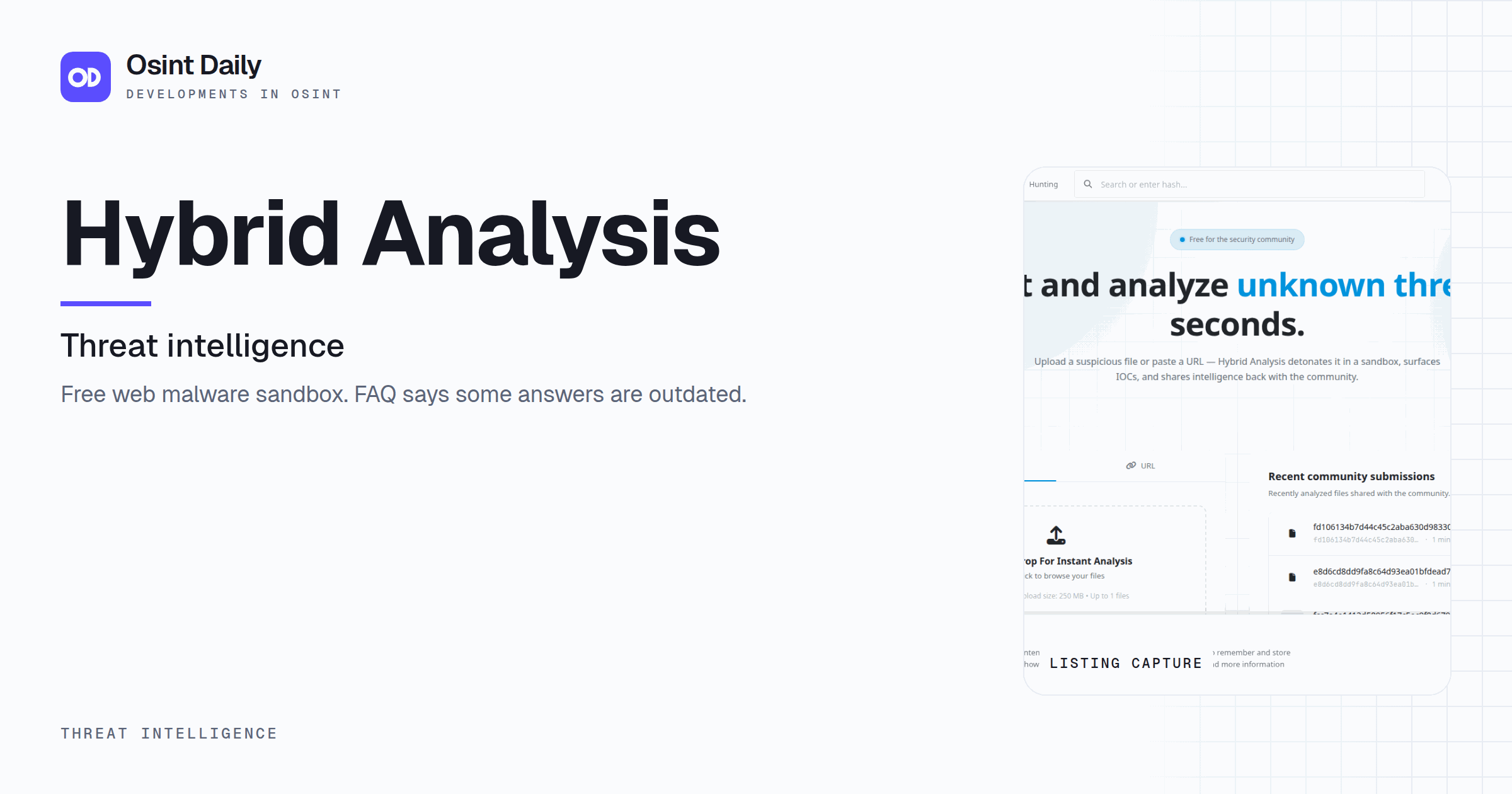 Osint Daily cover for Hybrid Analysis, under Threat intelligence, published 16 Oct 2026. The right side crops the listing capture. Free web malware sandbox. FAQ says some answers are outdated.