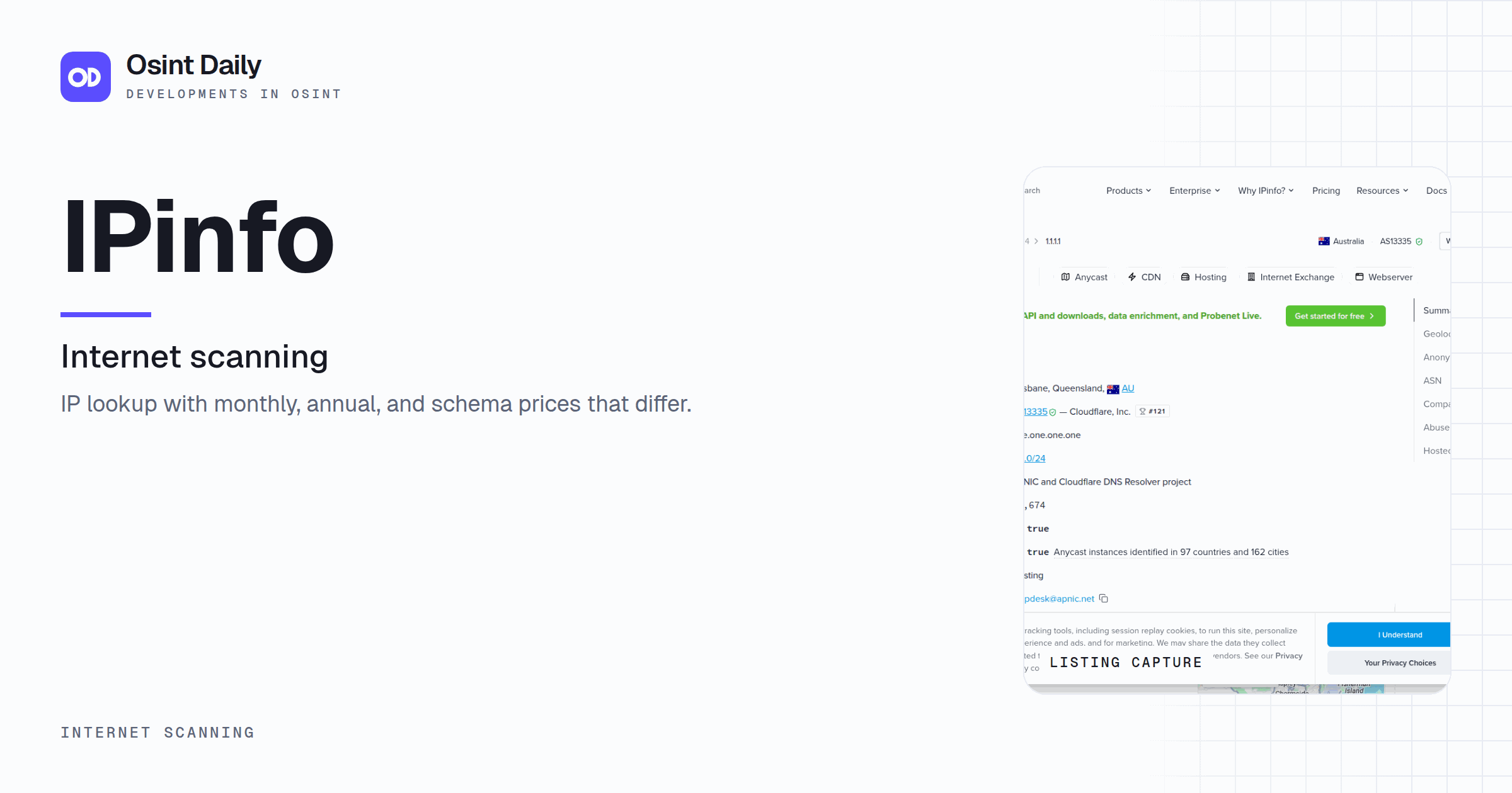 Osint Daily cover for IPinfo, under Internet scanning, published 16 Oct 2026. The right side crops the listing capture. IP lookup with monthly, annual, and schema prices that differ.