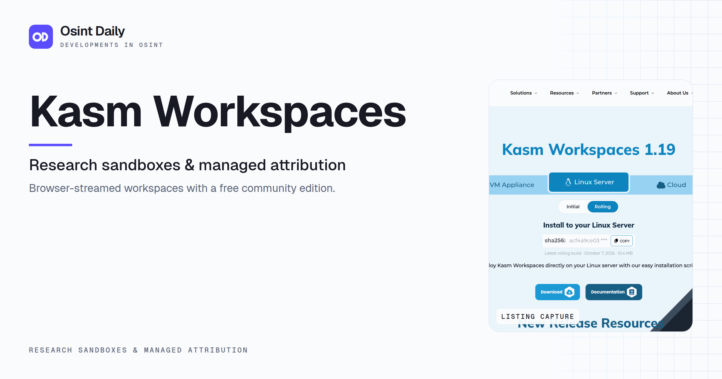 Osint Daily cover for Kasm Workspaces, under Research sandboxes & managed attribution, published 16 Oct 2026. The right side crops the listing capture. Browser-streamed workspaces with a free.