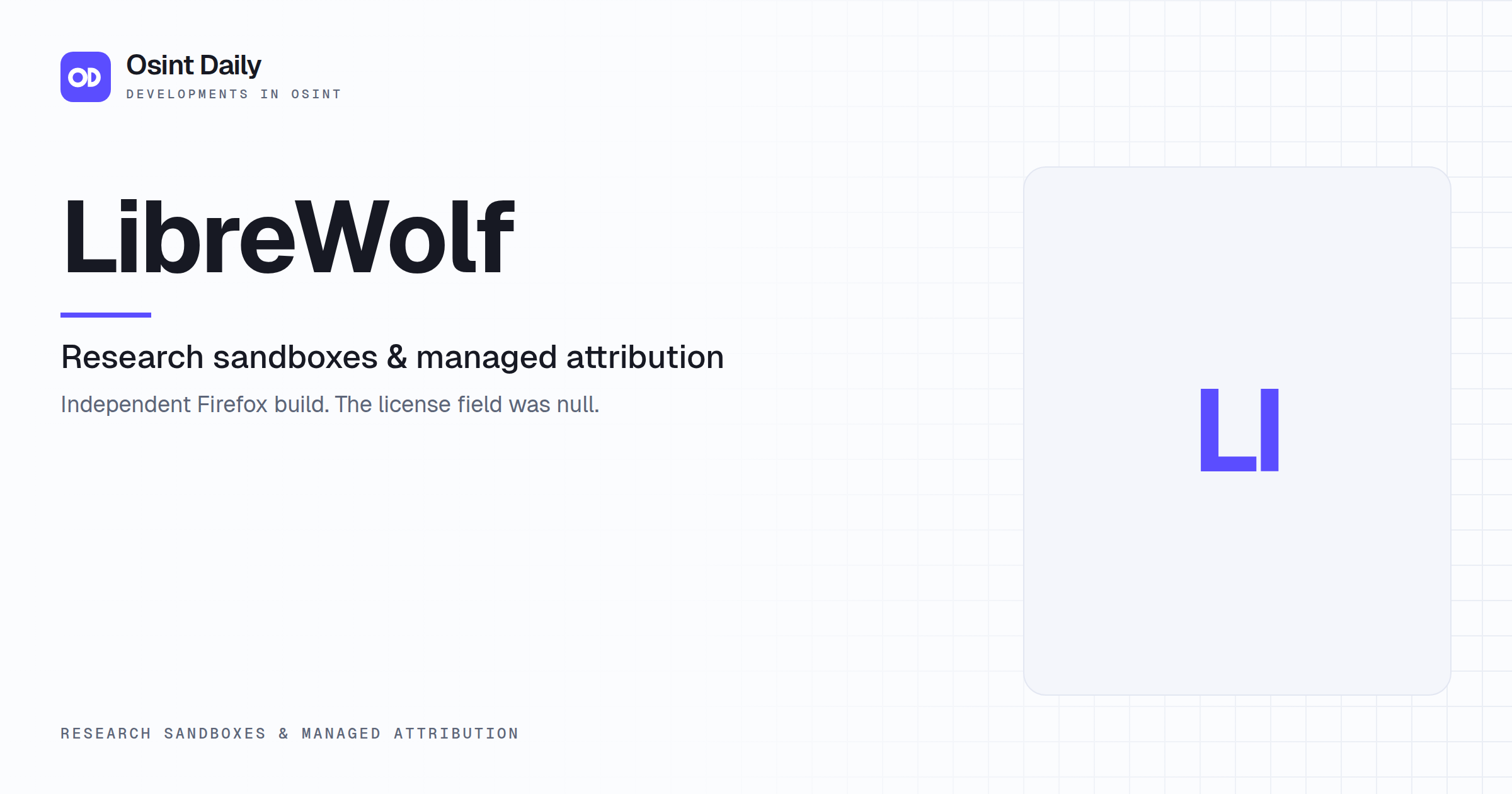 Osint Daily cover for LibreWolf, under Research sandboxes & managed attribution, published 23 Oct 2026. The right side is a monogram because no capture is filed. Independent Firefox build. The.