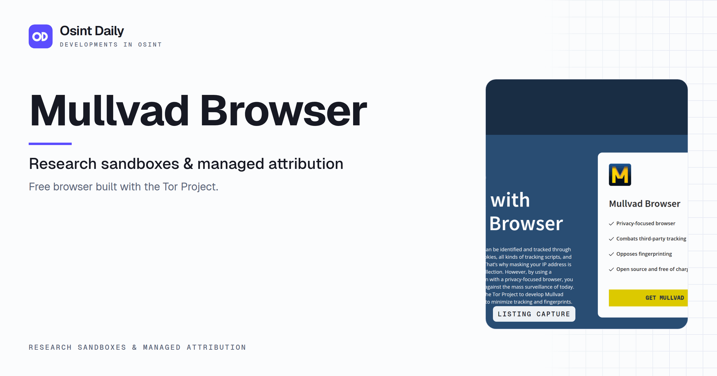 Osint Daily cover for Mullvad Browser, under Research sandboxes & managed attribution, published 16 Oct 2026. The right side crops the listing capture. Free browser built with the Tor Project.