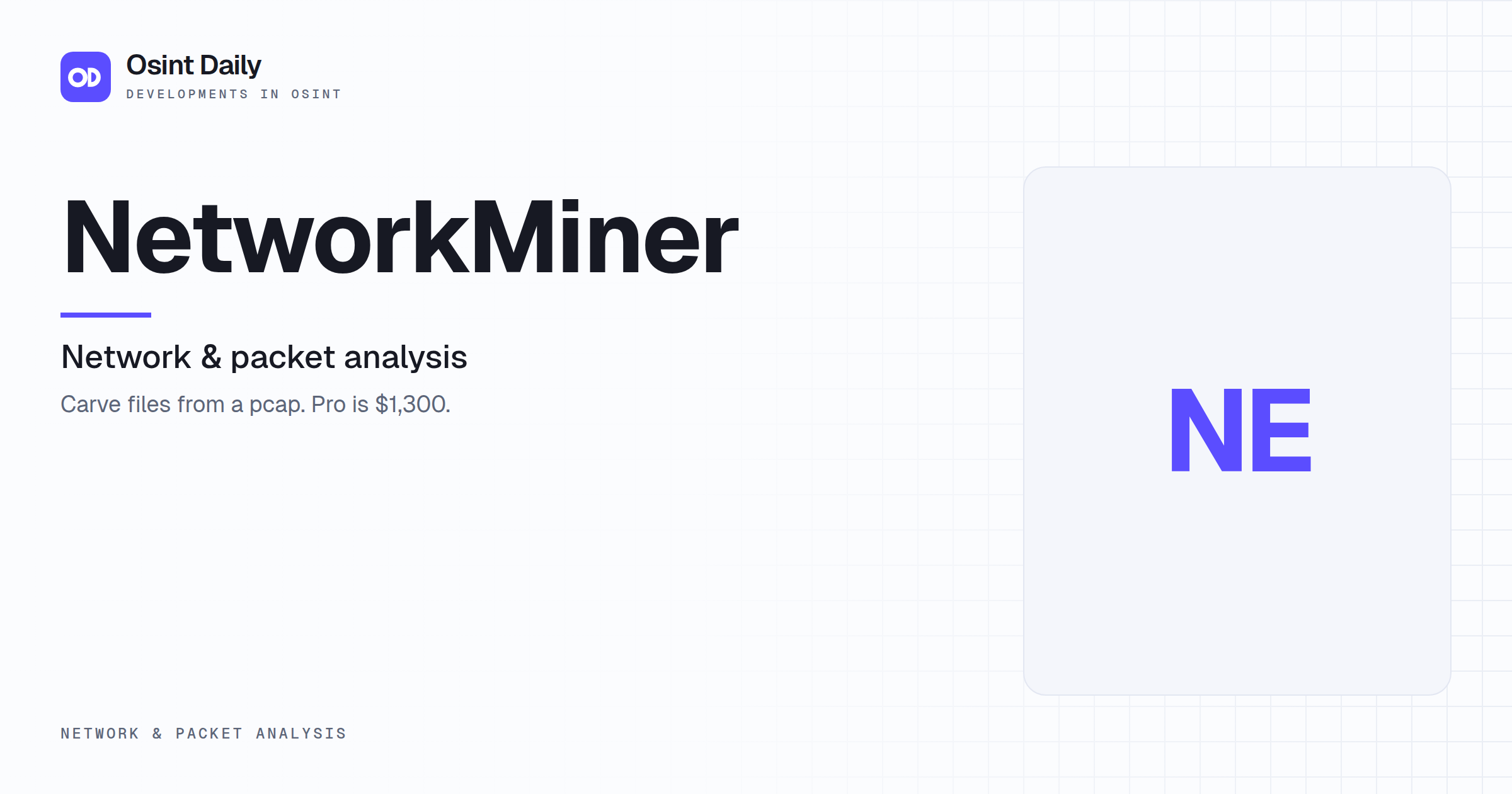 Osint Daily cover for NetworkMiner, under Network & packet analysis, published 16 Oct 2026. The right side is a monogram because no capture is filed. Carve files from a pcap. Pro is $1,300.