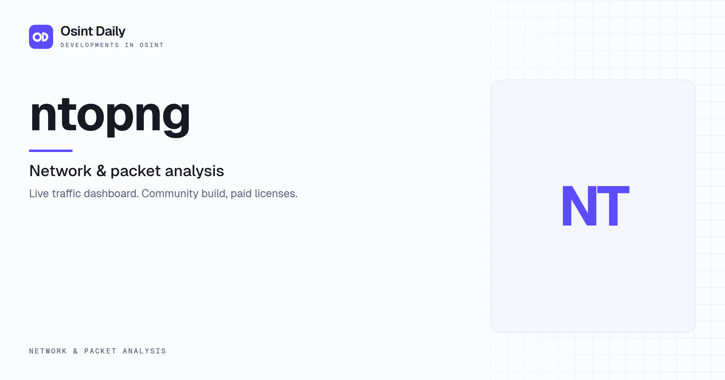 Osint Daily cover for ntopng, under Network & packet analysis, published 16 Oct 2026. The right side is a monogram because no capture is filed. Live traffic dashboard. Community build, paid licenses.