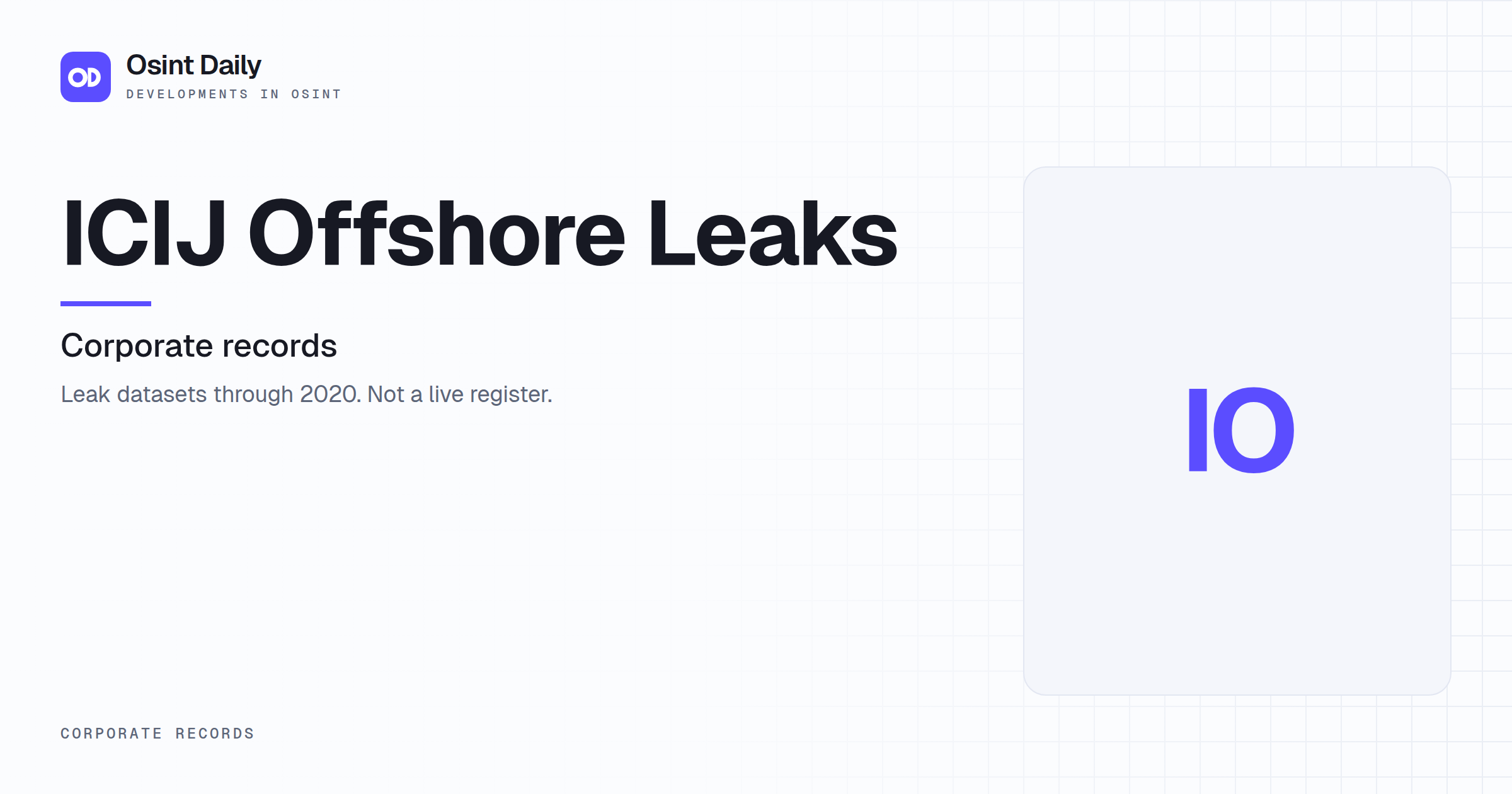 Osint Daily cover for ICIJ Offshore Leaks, under Corporate records, published 16 Oct 2026. The right side is a monogram because no capture is filed. Leak datasets through 2020. Not a live register.