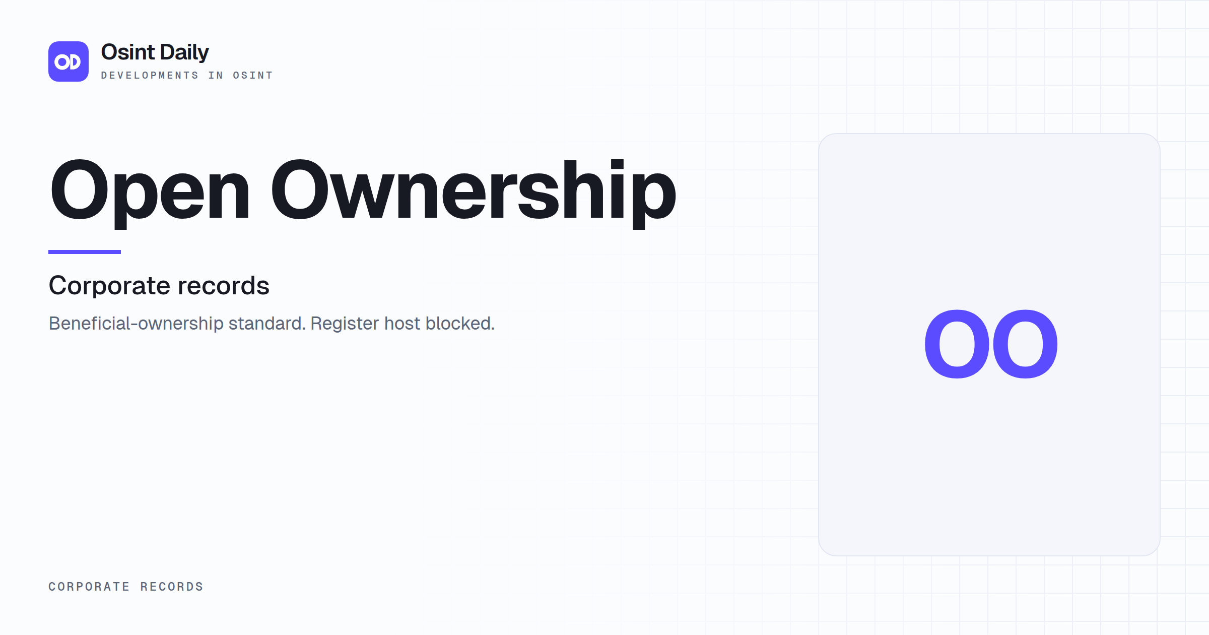 Osint Daily cover for Open Ownership, under Corporate records, published 16 Oct 2026. The right side is a monogram because no capture is filed. Beneficial-ownership standard. Register host blocked.