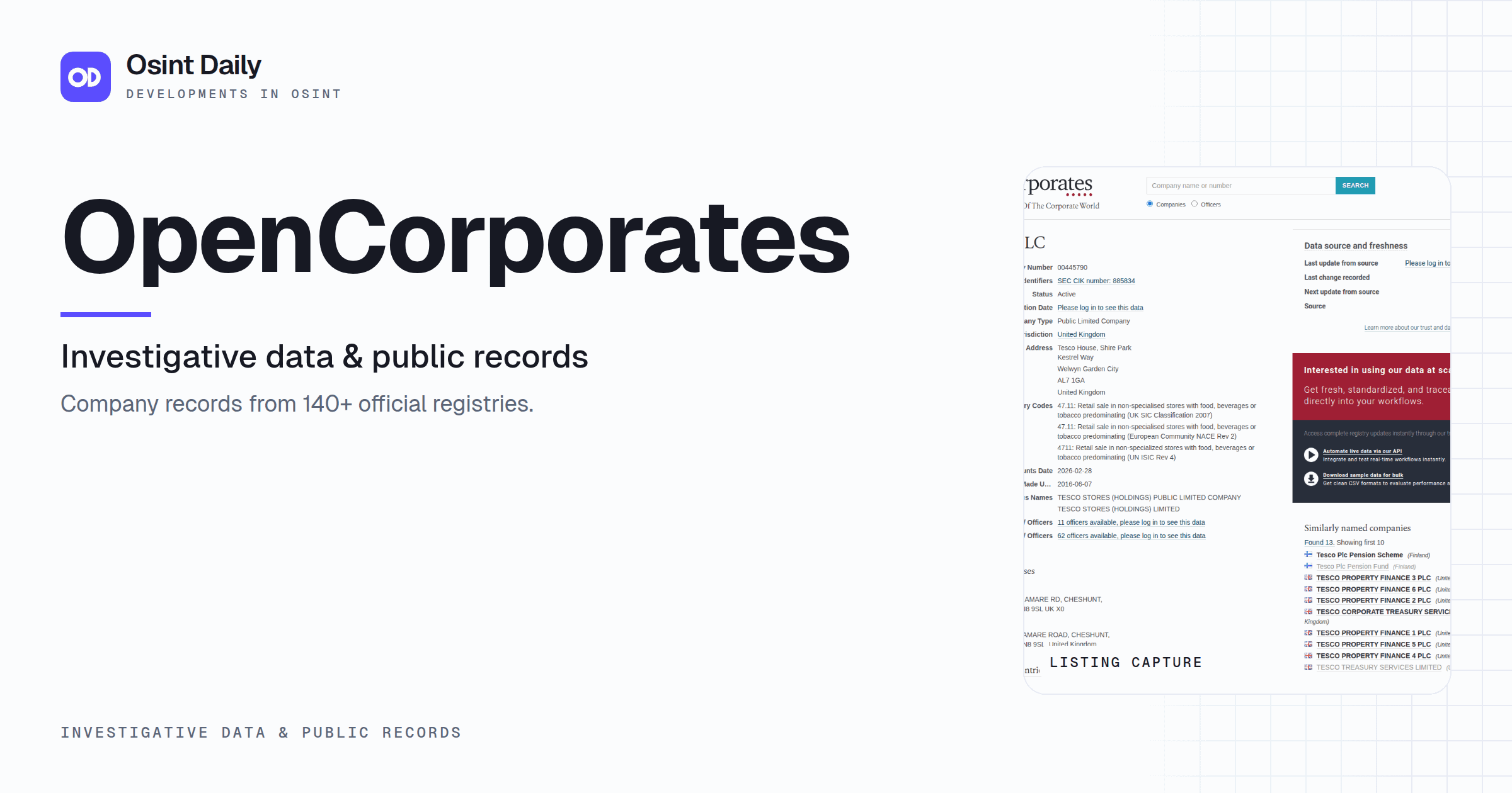 Osint Daily cover for OpenCorporates, under Investigative data & public records, published 16 Oct 2026. The right side is a monogram because no capture is filed. Company records from 140+ official.