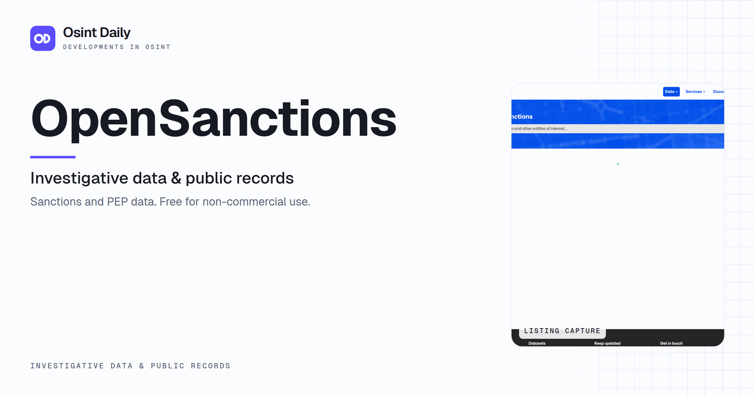 Osint Daily cover for OpenSanctions, under Investigative data & public records, published 16 Oct 2026. The right side crops the listing capture. Sanctions and PEP data. Free for non-commercial use.