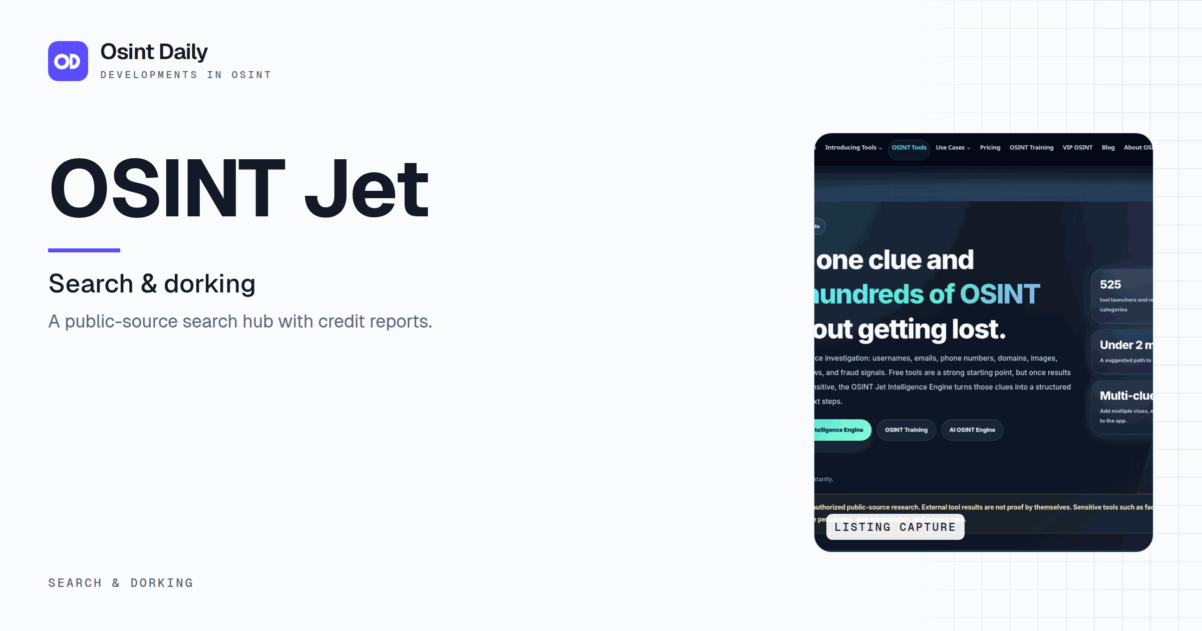 Osint Daily cover for OSINT Jet, under Search & dorking, published 16 Oct 2026. The right side crops the listing capture. A public-source search hub with credit reports.