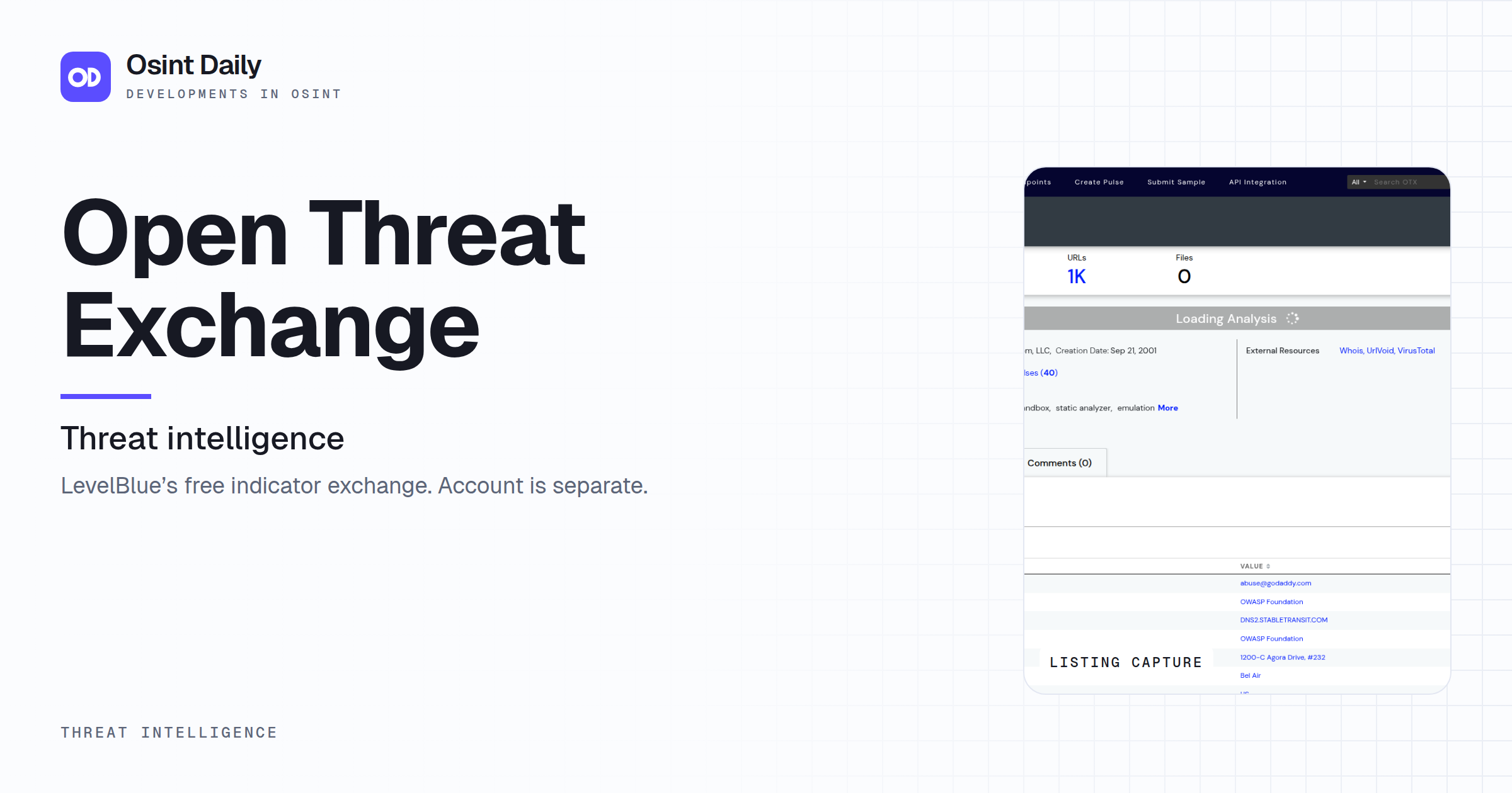 Osint Daily cover for Open Threat Exchange, under Threat intelligence, published 16 Oct 2026. The right side crops the listing capture. LevelBlue's free indicator exchange. Account is separate.