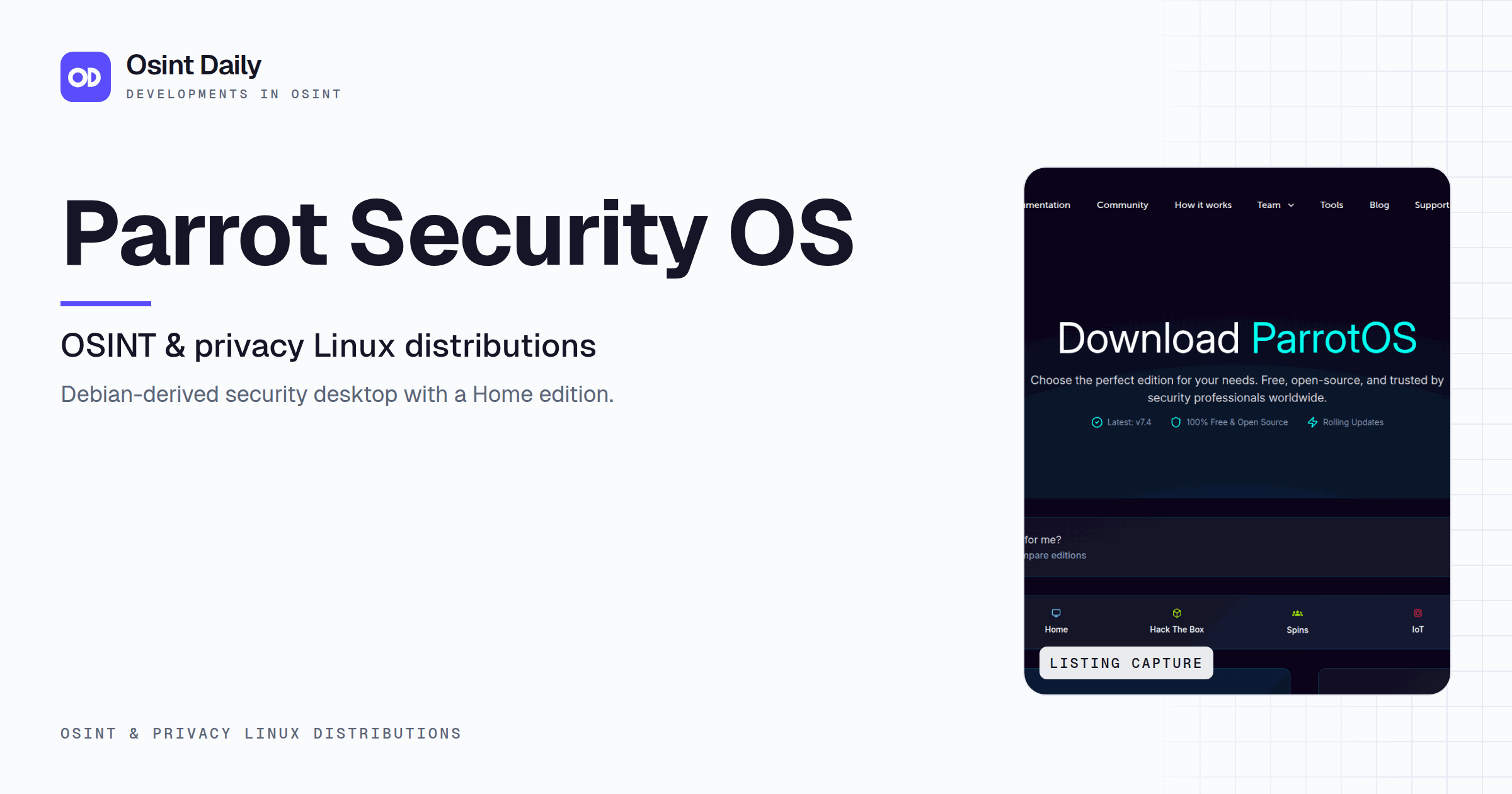 Osint Daily cover for Parrot Security OS, under OSINT & privacy Linux distributions, published 16 Oct 2026. The right side crops the listing capture. Debian-derived security desktop with a Home.