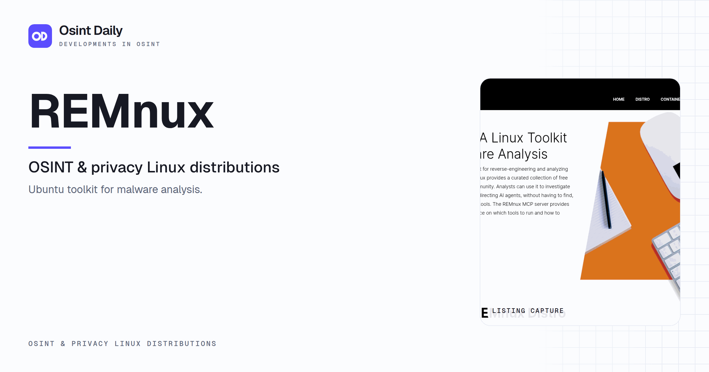 Osint Daily cover for REMnux, under OSINT & privacy Linux distributions, published 16 Oct 2026. The right side crops the listing capture. Ubuntu toolkit for malware analysis.