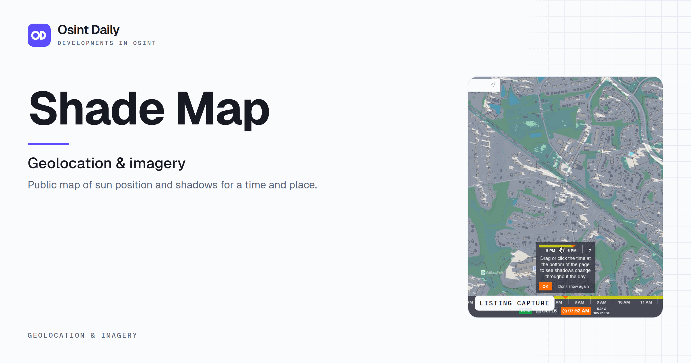 Osint Daily cover for Shade Map, under Geolocation & imagery, published 16 Oct 2026. The right side crops the listing capture. Public map of sun position and shadows for a time and place.
