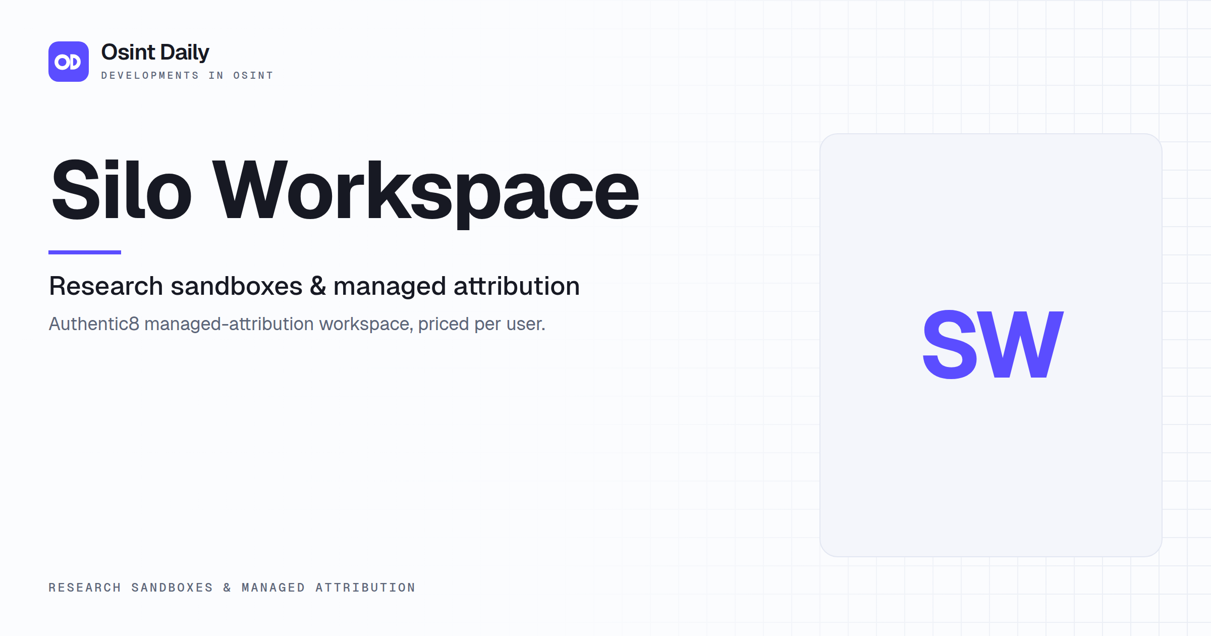 Osint Daily cover for Silo Workspace, under Research sandboxes & managed attribution, published 16 Oct 2026. The right side is a monogram because no capture is filed. Authentic8 managed-attribution.