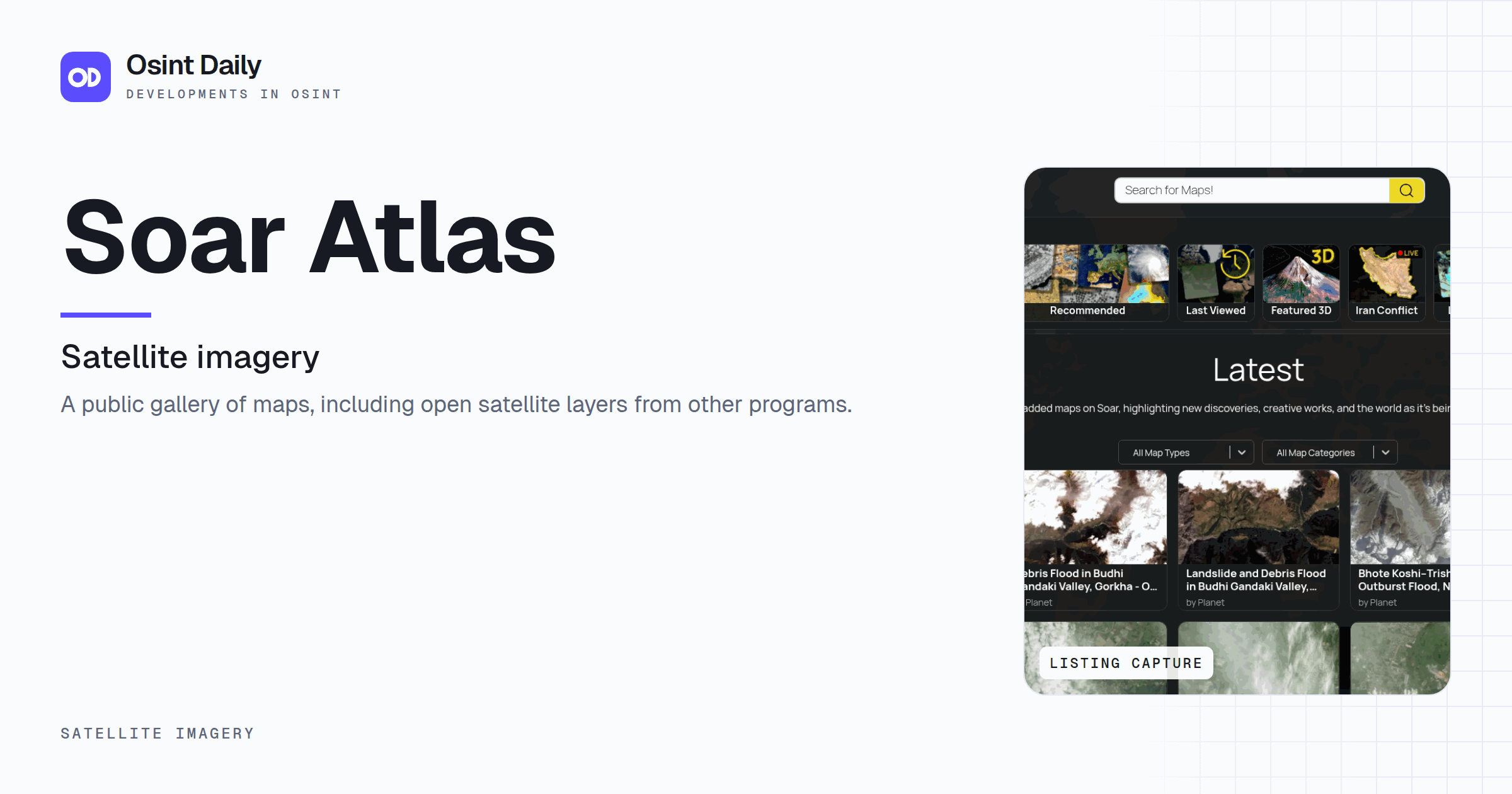 Osint Daily cover for Soar Atlas, under Satellite imagery, published 16 Oct 2026. The right side crops the listing capture. A public gallery of maps, including open satellite layers from other.