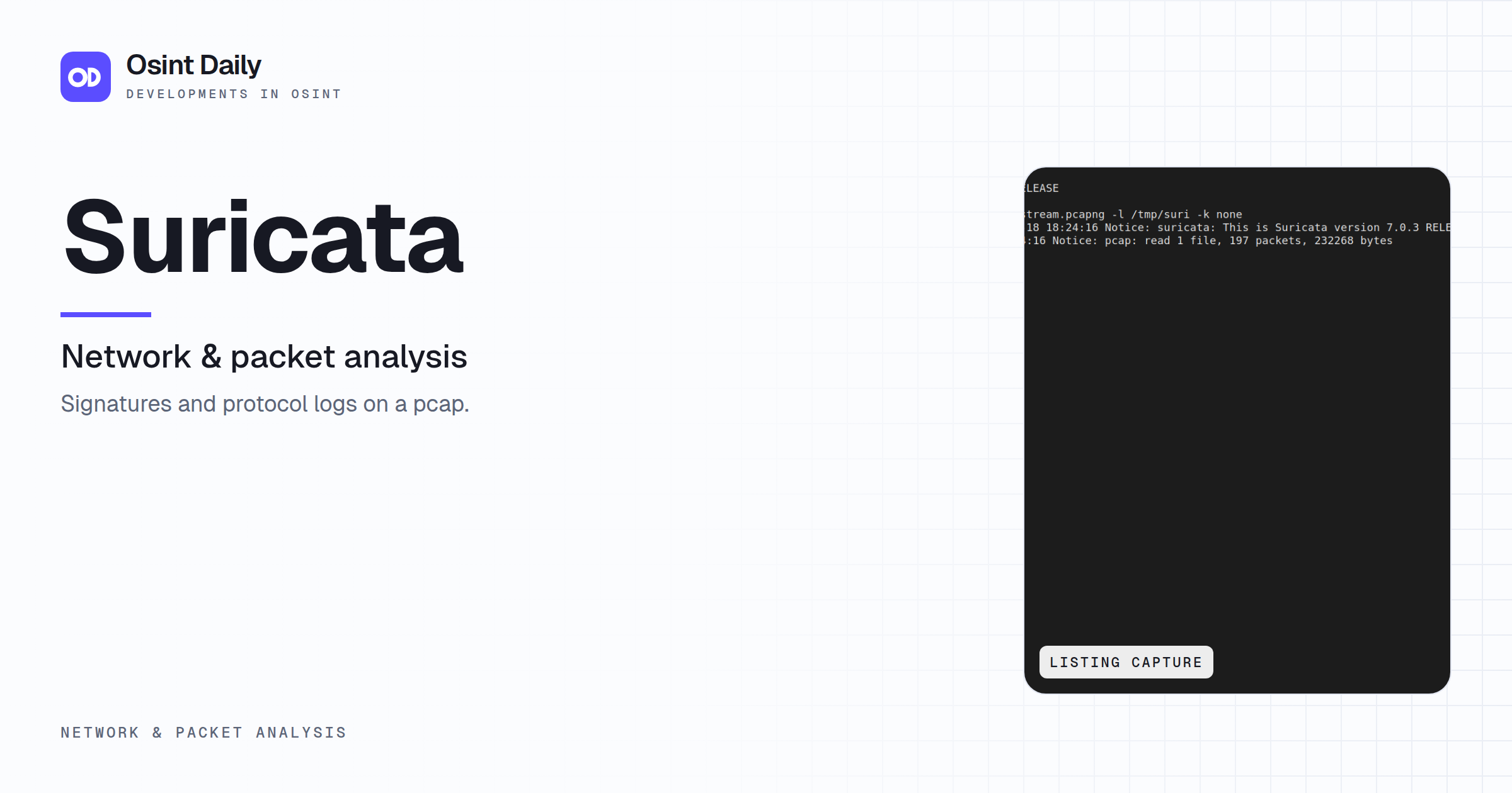 Osint Daily cover for Suricata, under Network & packet analysis, published 16 Oct 2026. The right side crops the listing capture. Signatures and protocol logs on a pcap.