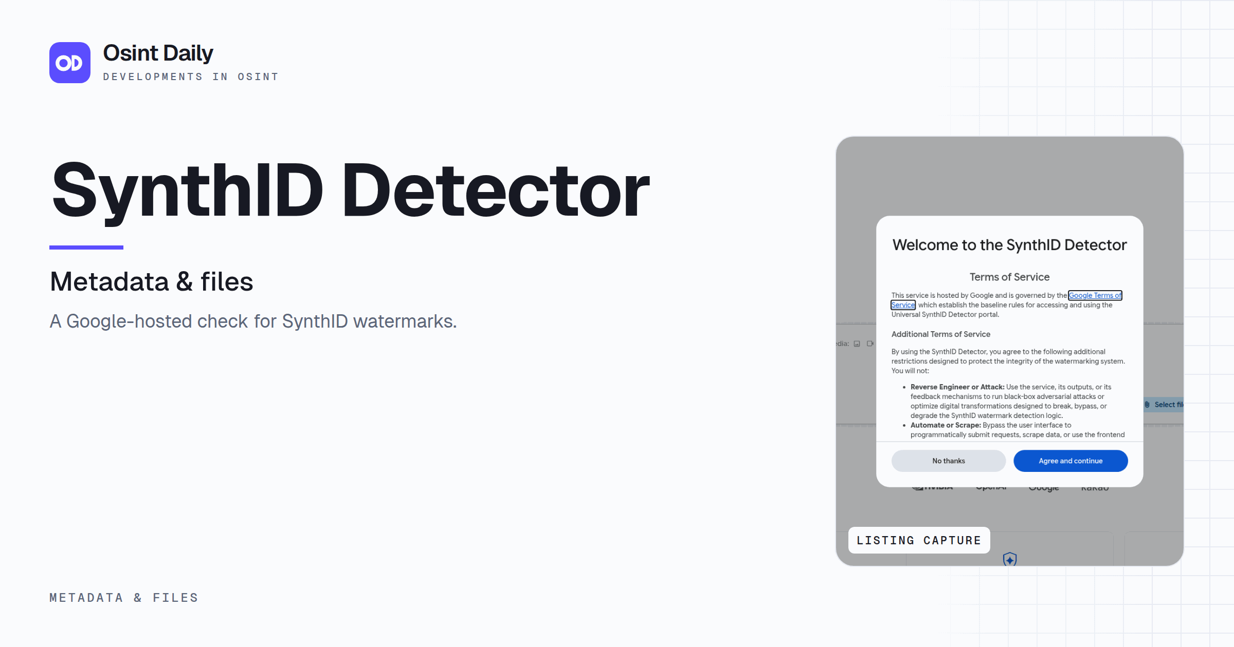 Osint Daily cover for SynthID Detector, under Metadata & files, published 16 Oct 2026. The right side crops the listing capture. A Google-hosted check for SynthID watermarks.