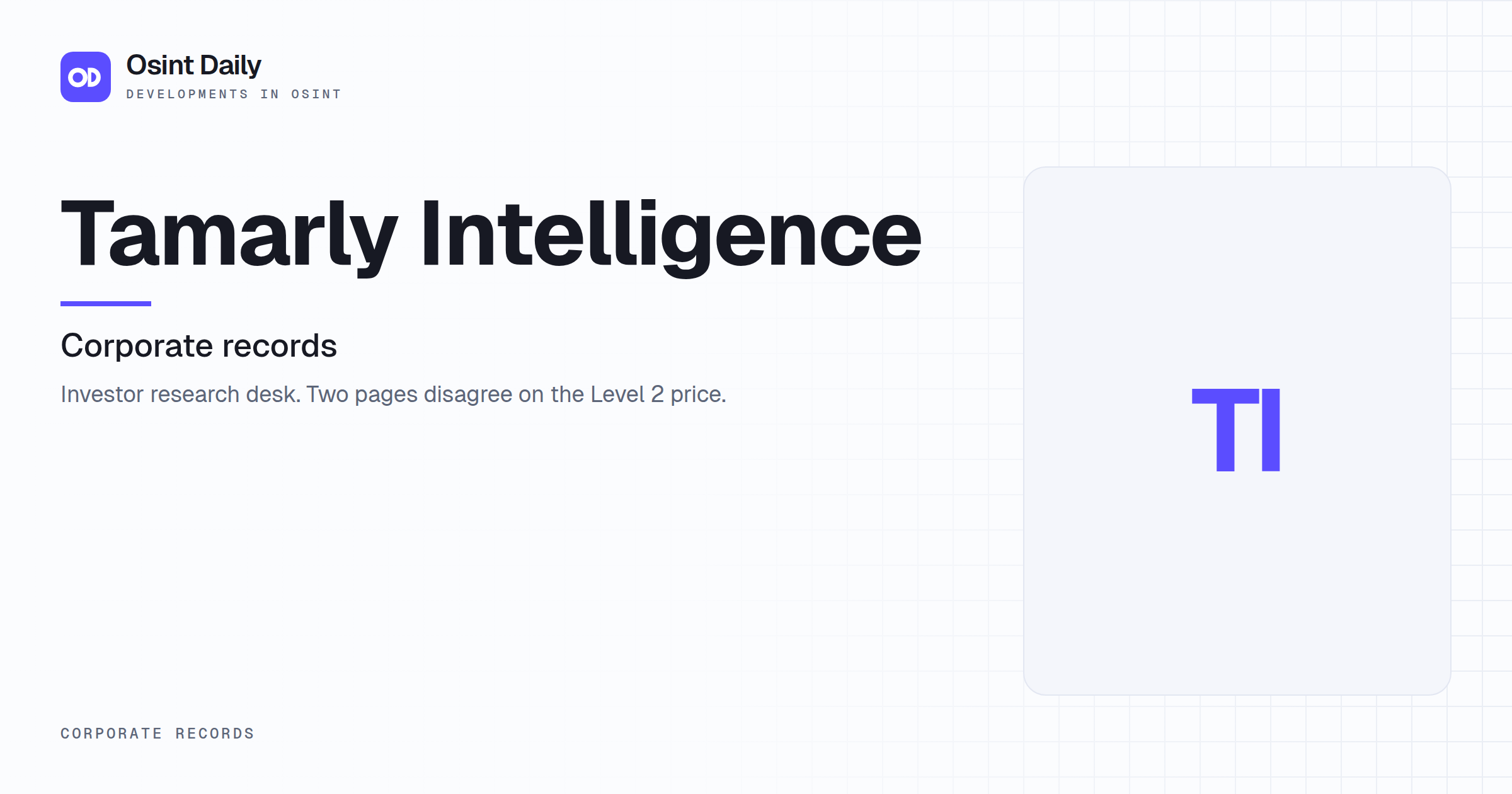 Osint Daily cover for Tamarly Intelligence, under Corporate records, published 16 Oct 2026. The right side is a monogram because no capture is filed. Investor research desk. Two pages disagree on.