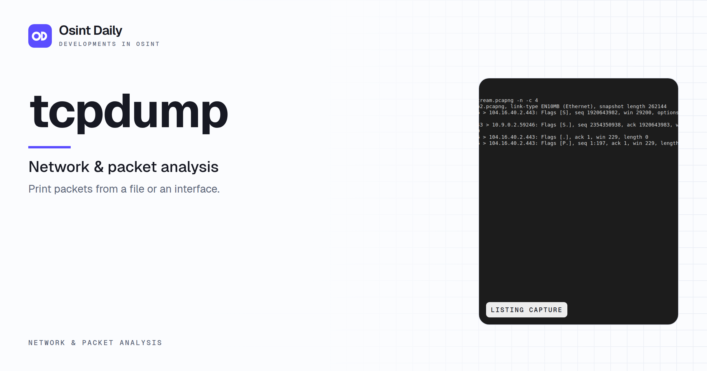 Osint Daily cover for tcpdump, under Network & packet analysis, published 16 Oct 2026. The right side crops the listing capture. Print packets from a file or an interface.