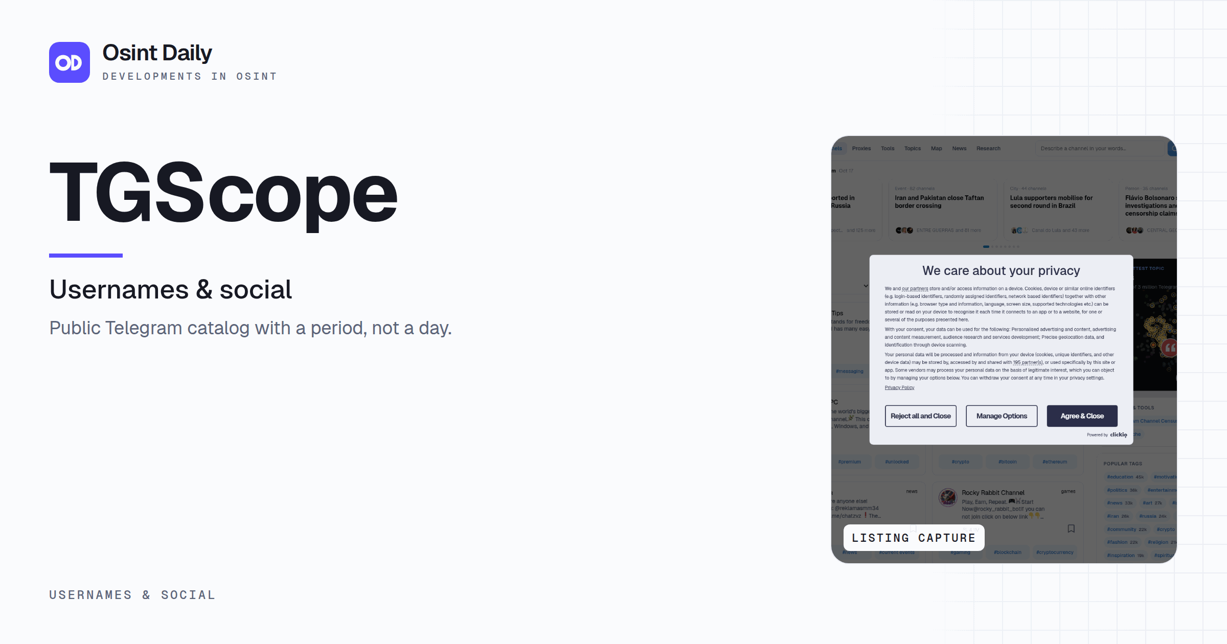 Osint Daily cover for TGScope, under Usernames & social, published 16 Oct 2026. The right side crops the listing capture. Public Telegram catalog with a period, not a day.