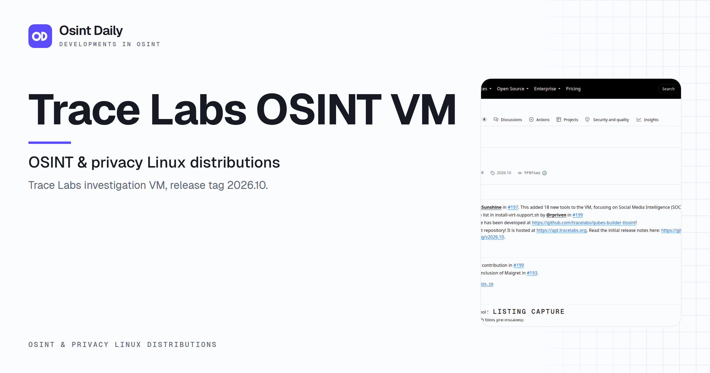 Osint Daily cover for Trace Labs OSINT VM, under OSINT & privacy Linux distributions, published 16 Oct 2026. The right side crops the listing capture. Trace Labs investigation VM, release tag 2026.10.