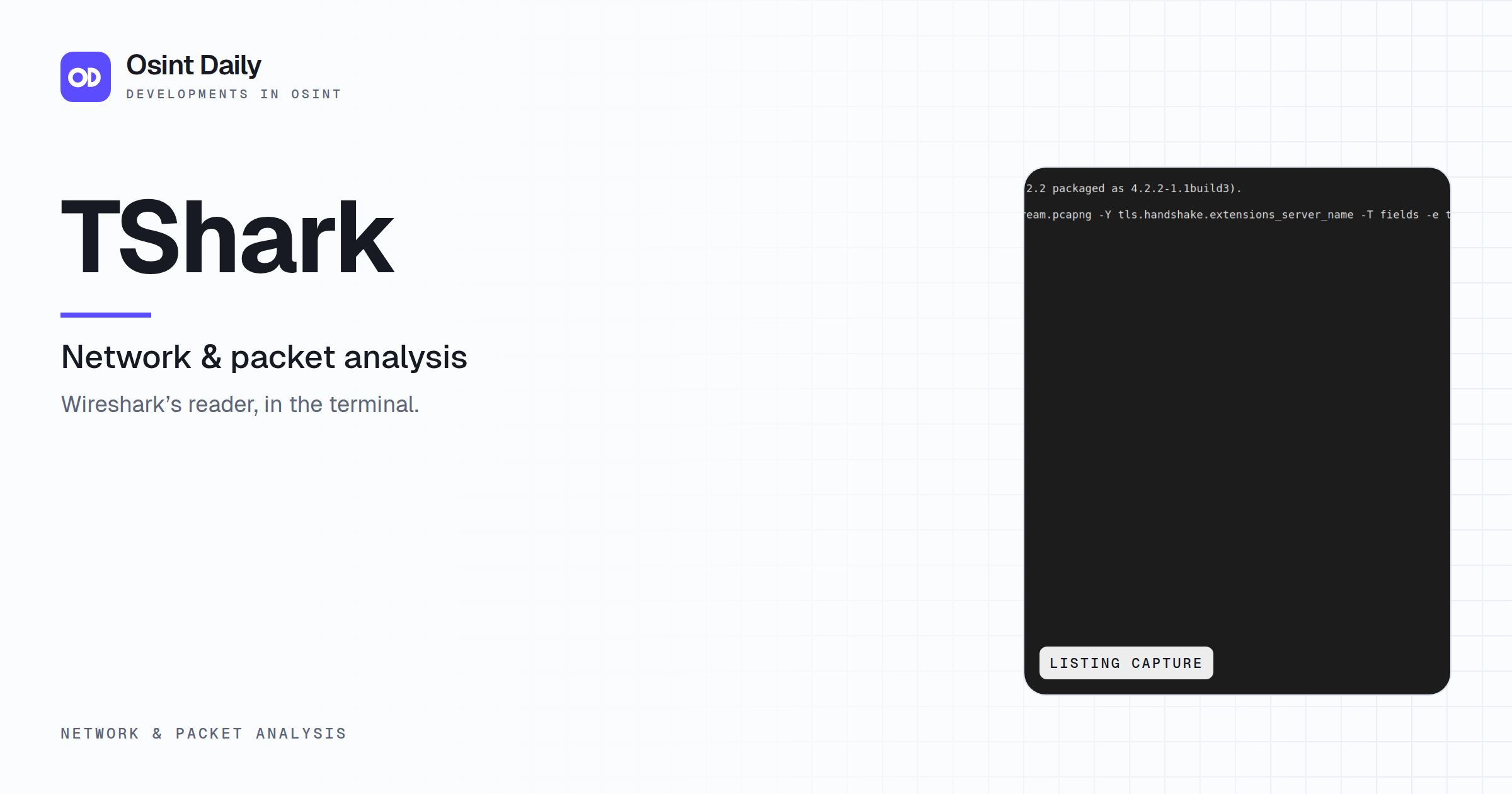 Osint Daily cover for TShark, under Network & packet analysis, published 16 Oct 2026. The right side crops the listing capture. Wireshark's reader, in the terminal.