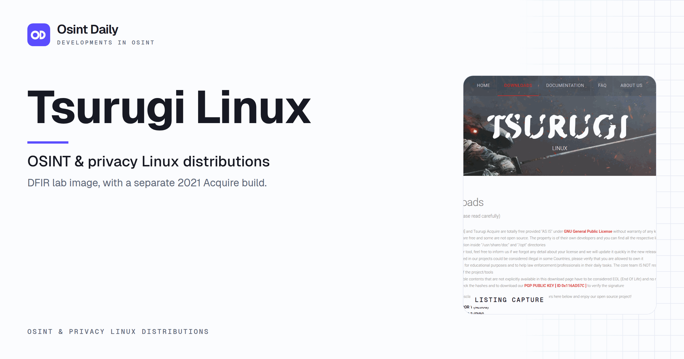 Osint Daily cover for Tsurugi Linux, under OSINT & privacy Linux distributions, published 16 Oct 2026. The right side crops the listing capture. DFIR lab image, with a separate 2021 Acquire build.