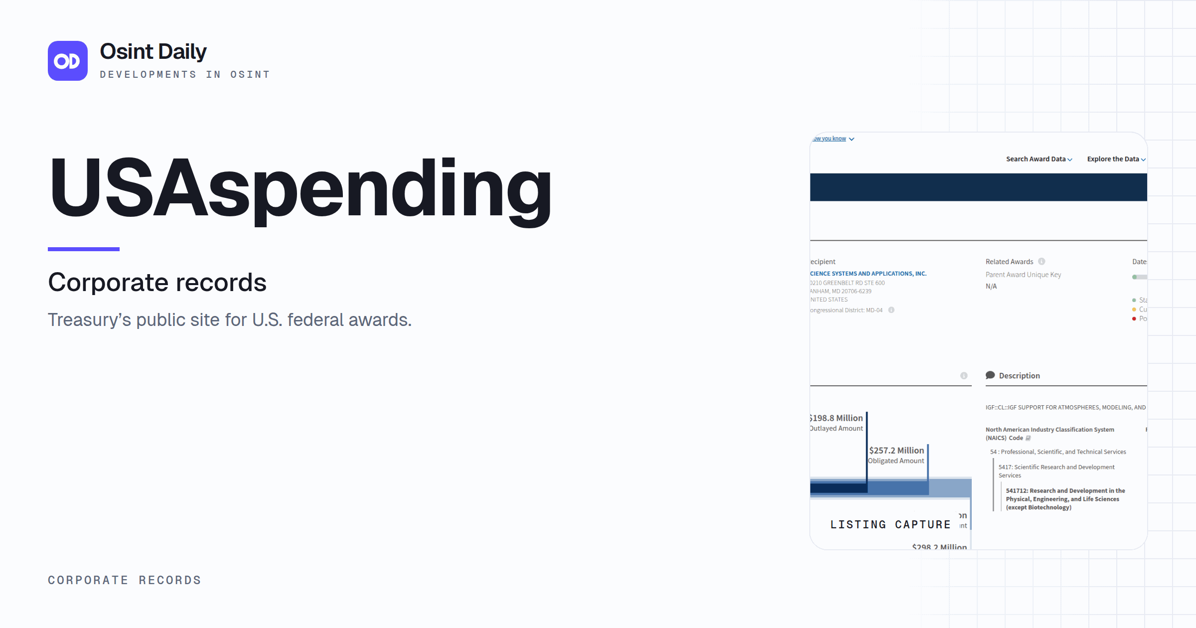 Osint Daily cover for USAspending, under Corporate records, published 16 Oct 2026. The right side crops the listing capture. Treasury's public site for U.S. federal awards.