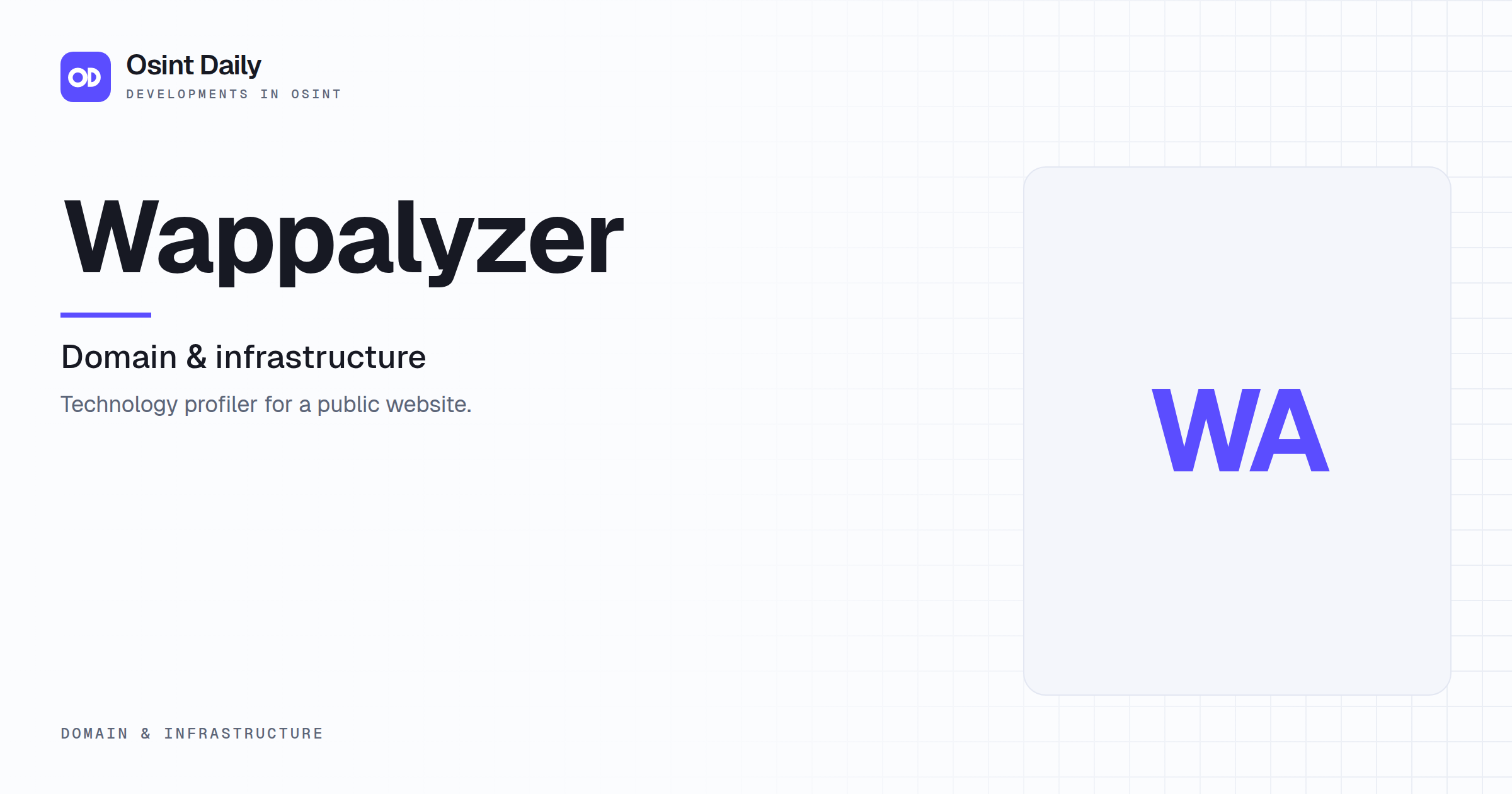Osint Daily cover for Wappalyzer, under Domain & infrastructure, published 16 Oct 2026. The right side is a monogram because no capture is filed. Technology profiler for a public website.