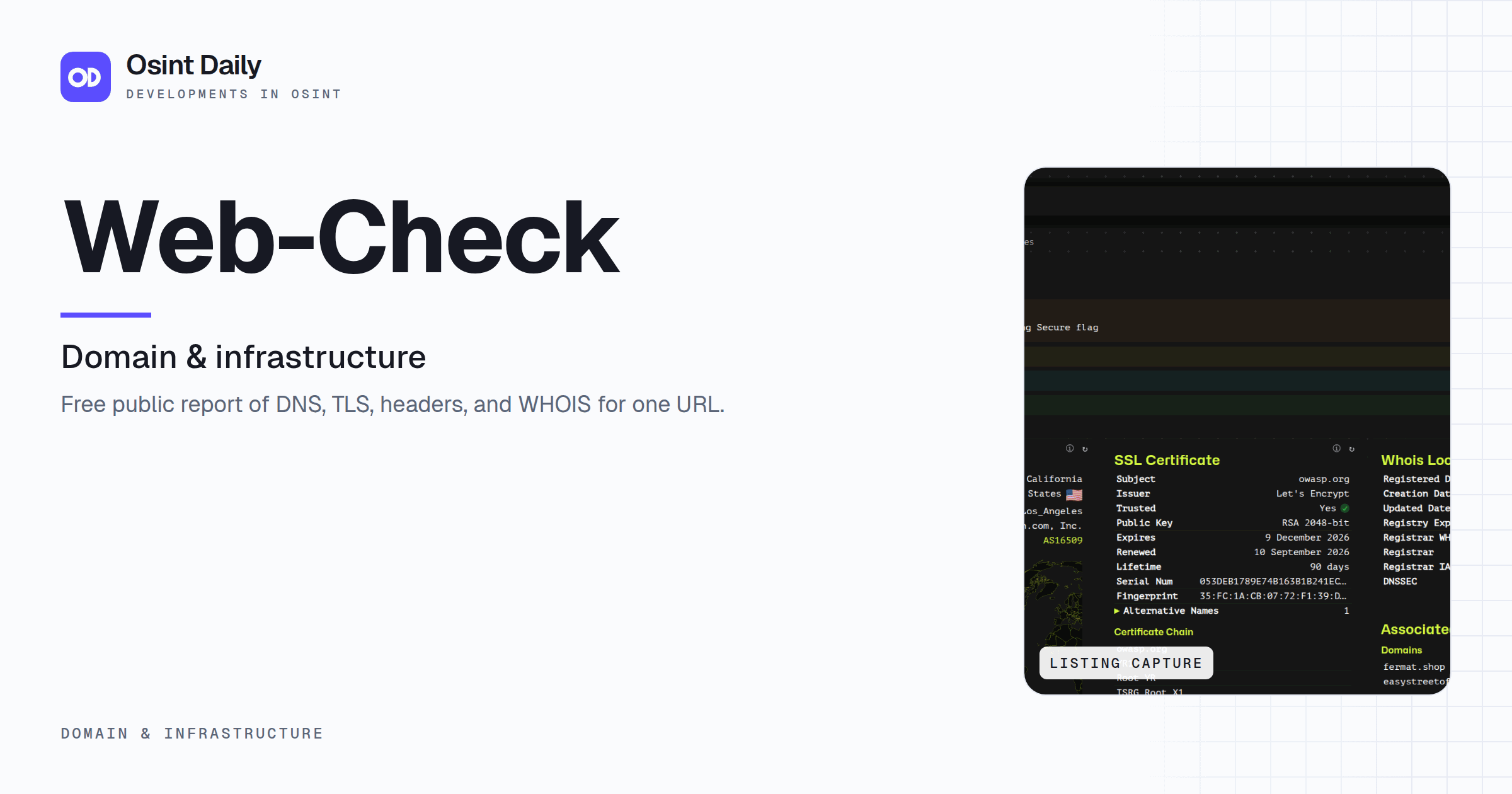 Osint Daily cover for Web-Check, under Domain & infrastructure, published 16 Oct 2026. The right side crops the listing capture. Free public report of DNS, TLS, headers, and WHOIS for one URL.