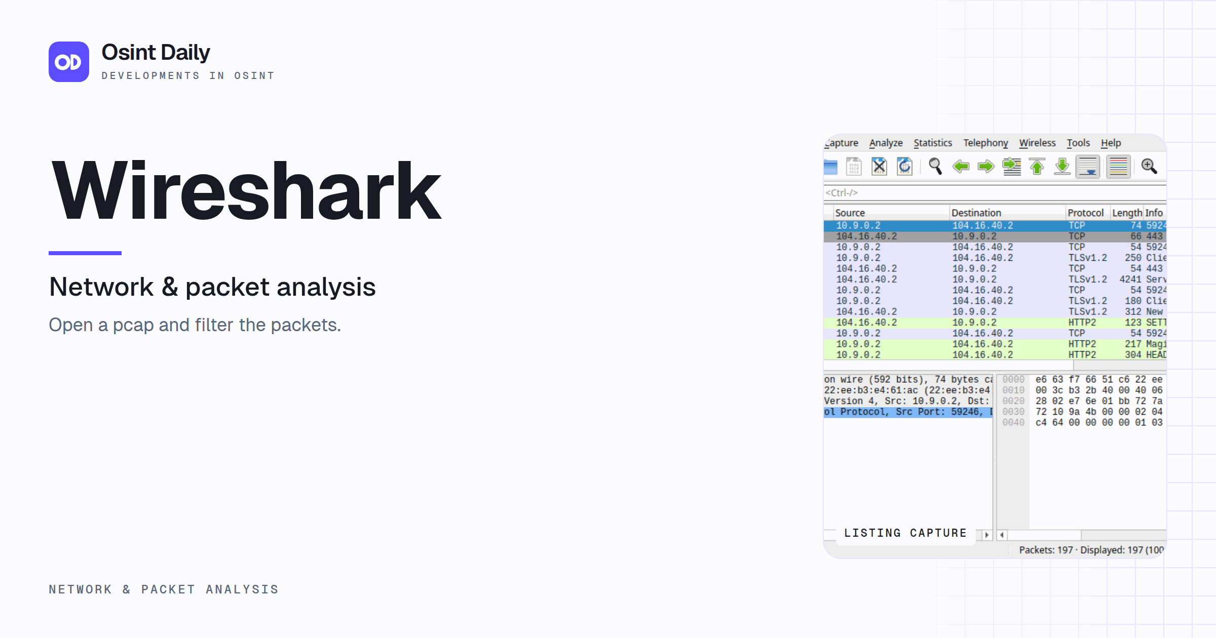 Osint Daily cover for Wireshark, under Network & packet analysis, published 16 Oct 2026. The right side crops the listing capture. Open a pcap and filter the packets.
