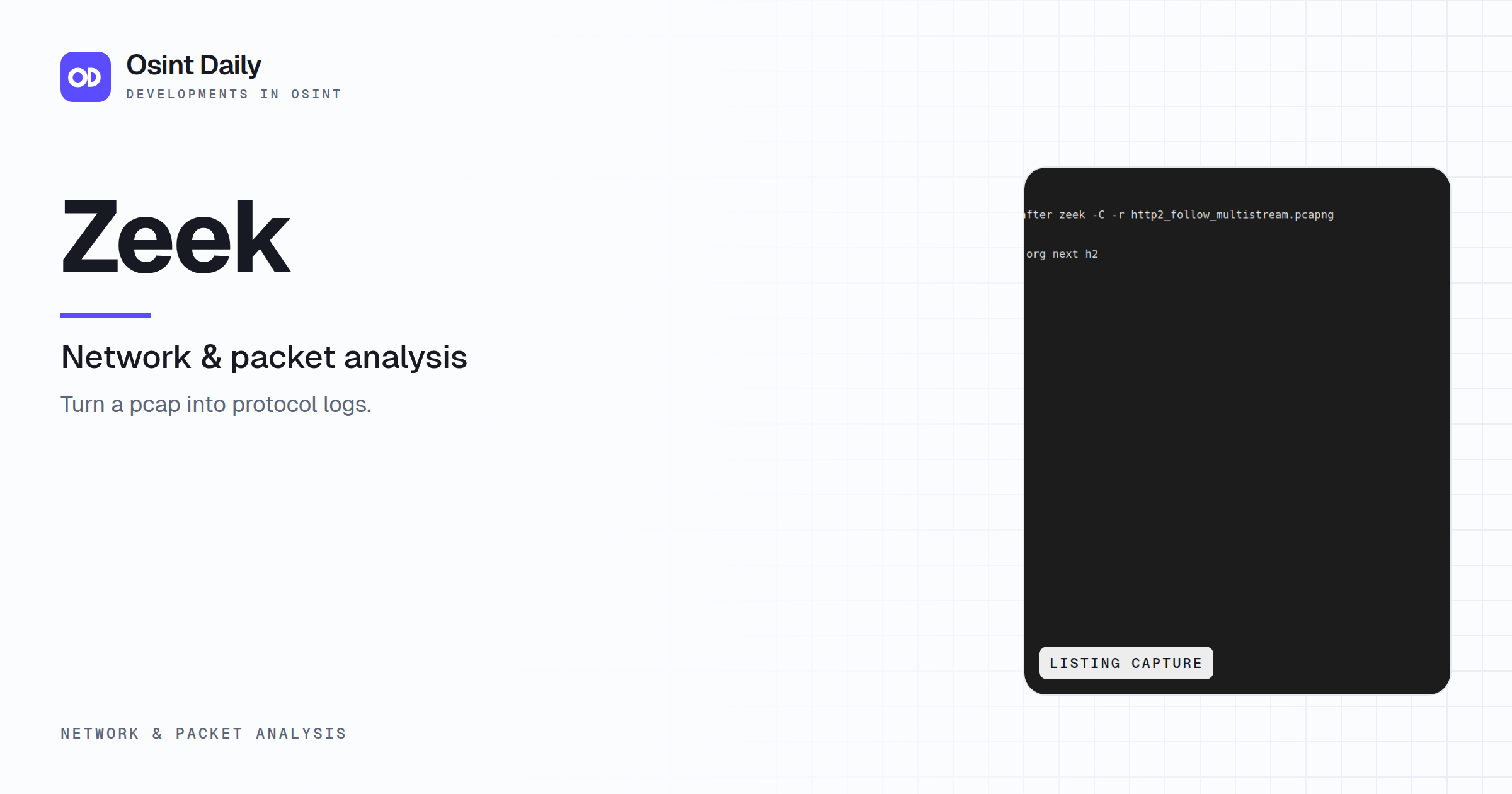 Osint Daily cover for Zeek, under Network & packet analysis, published 16 Oct 2026. The right side crops the listing capture. Turn a pcap into protocol logs.